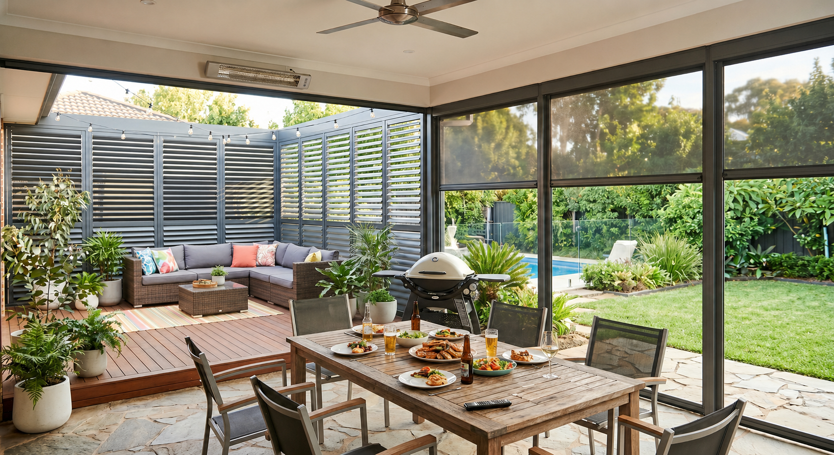 A luxurious modern outdoor patio featuring a timber deck and dining area, partially enclosed by operable louvre shutters and a motorised screen system, with a view of a pool and garden.