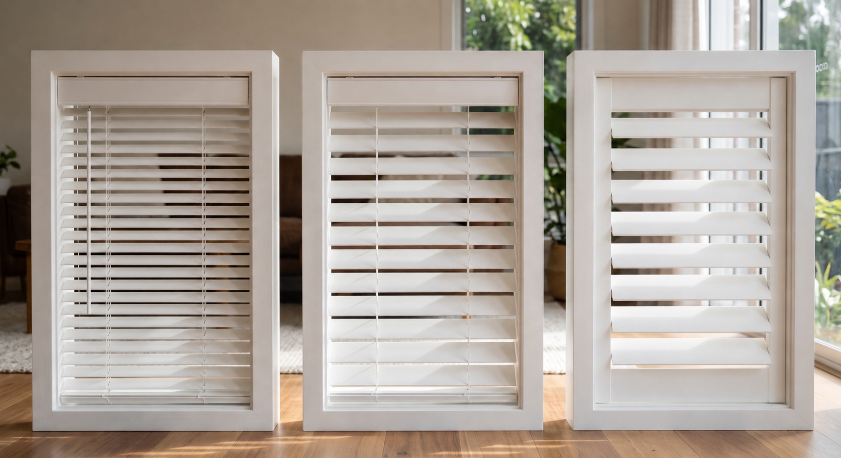 Three white shutter sample panels with different louver styles displayed on a hardwood floor in a bright, modern living room.