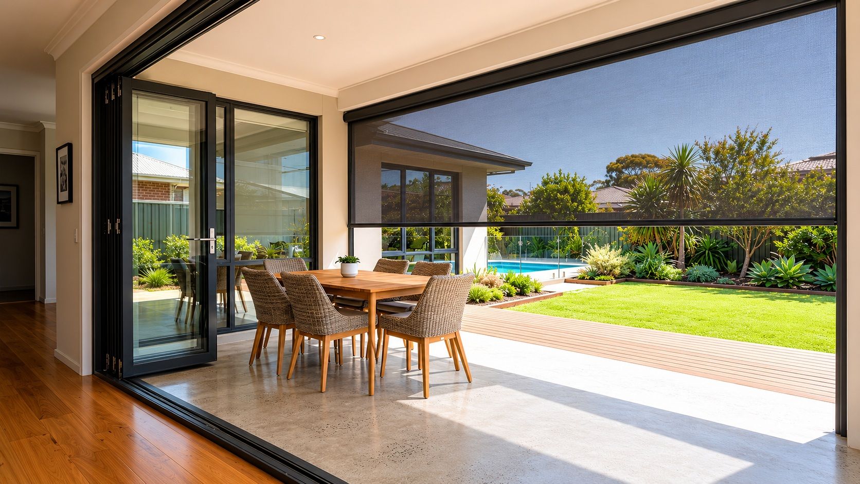 Charcoal external patio mesh blind half-lowered over a modern Australian backyard outdoor dining area.