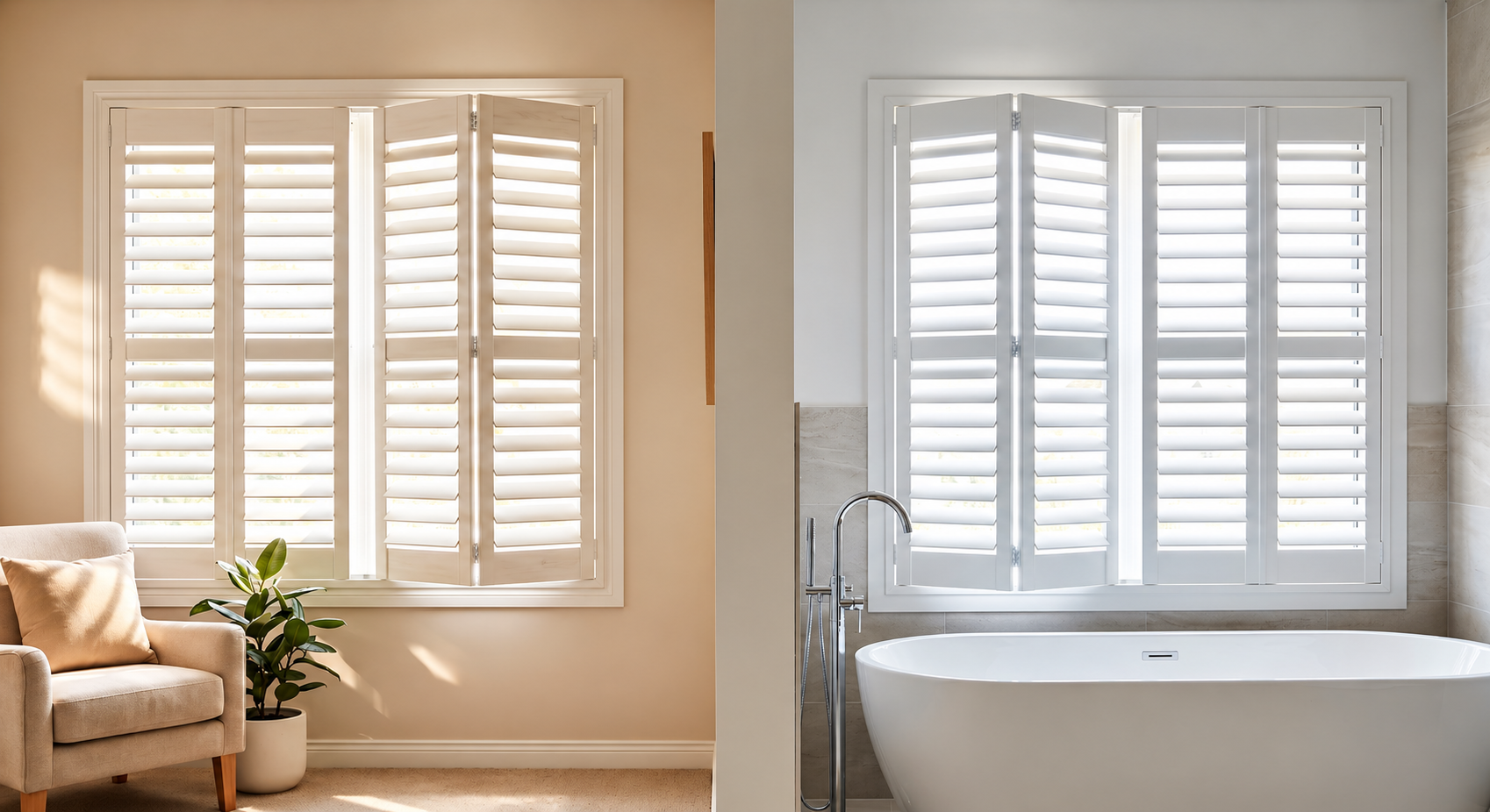 A split-screen view showing internal shutters in a living room and a bathroom to compare timber and PVC materials.