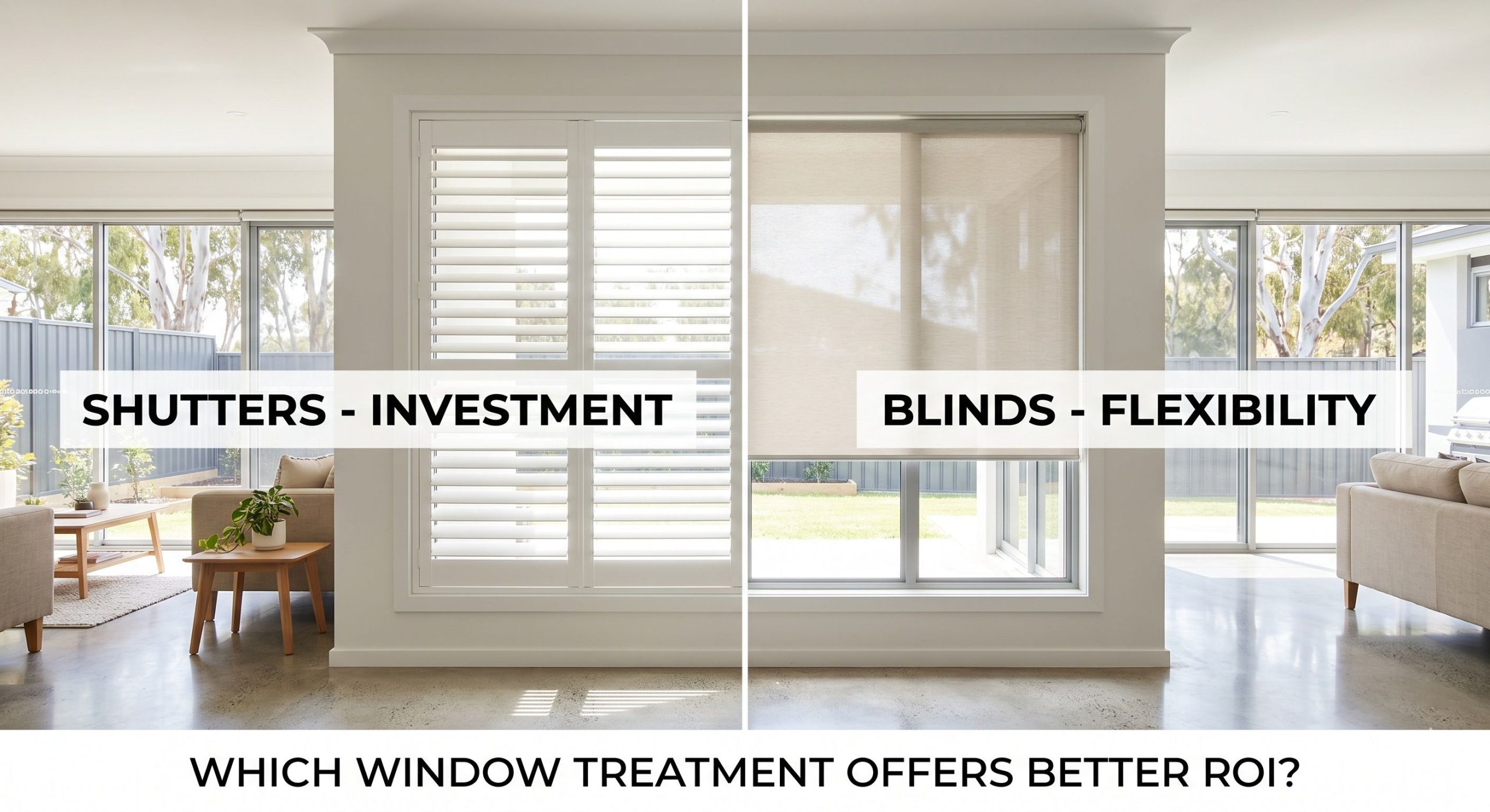 A side-by-side comparison of white plantation shutters and light-coloured roller blinds in a modern Australian home.