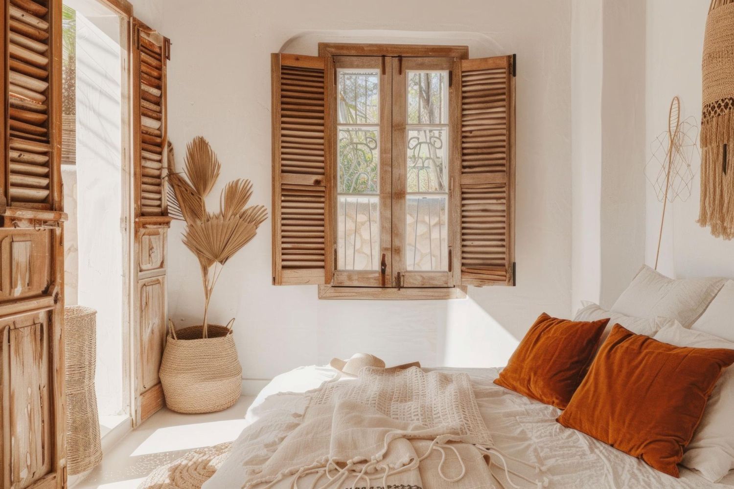 Bright bedroom with wooden shutters, white bedding, and warm orange pillows in a cozy minimalist interior.