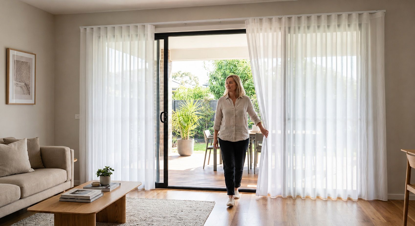 Veri Shades® 101: Everything You Need to Know About the “Clever Curtain” A woman walks through a bright modern living room with sheer curtains beside a large glass door opening to a garden patio.