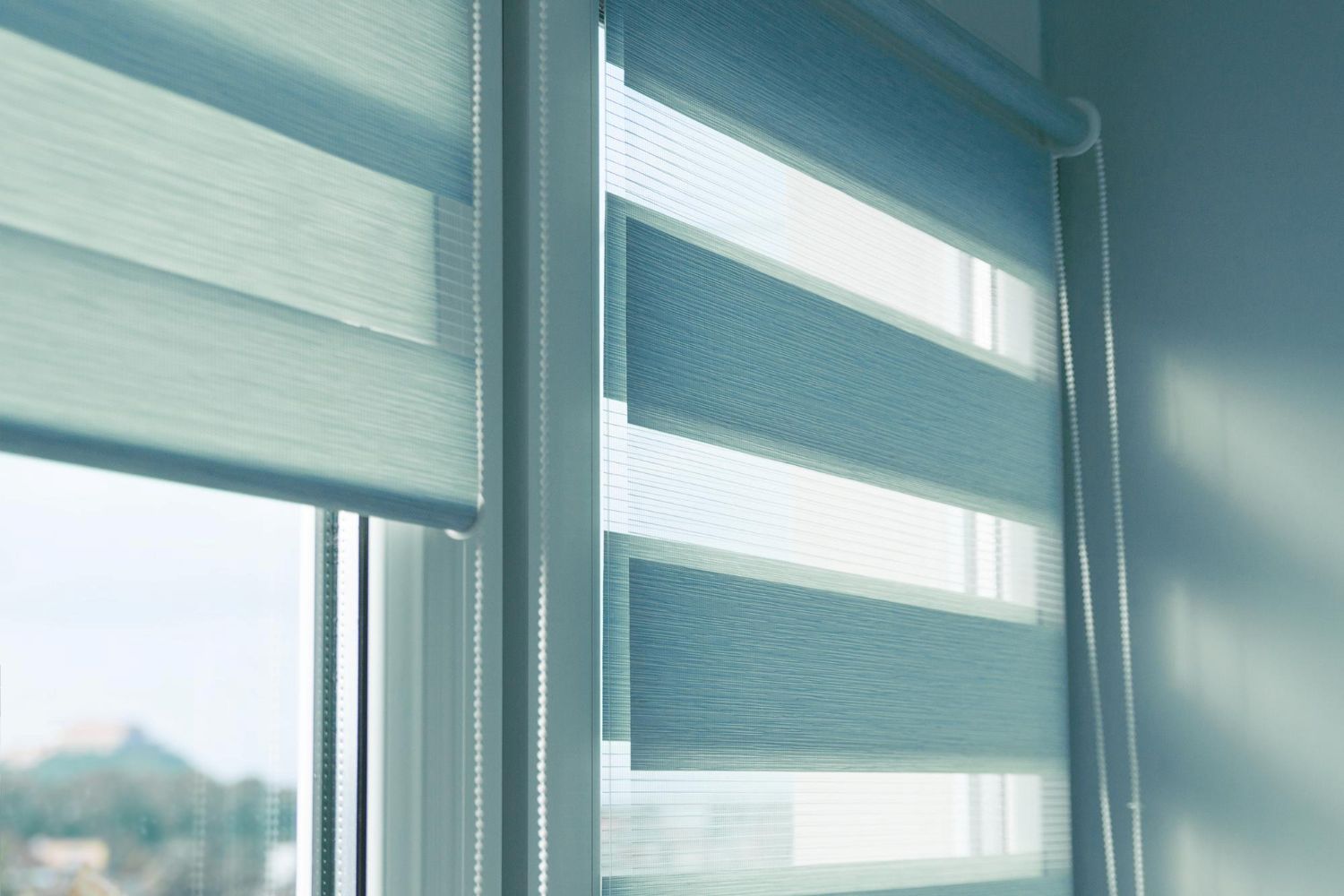 Close-up view of dual roller blinds covering a window with soft natural light filtering through.