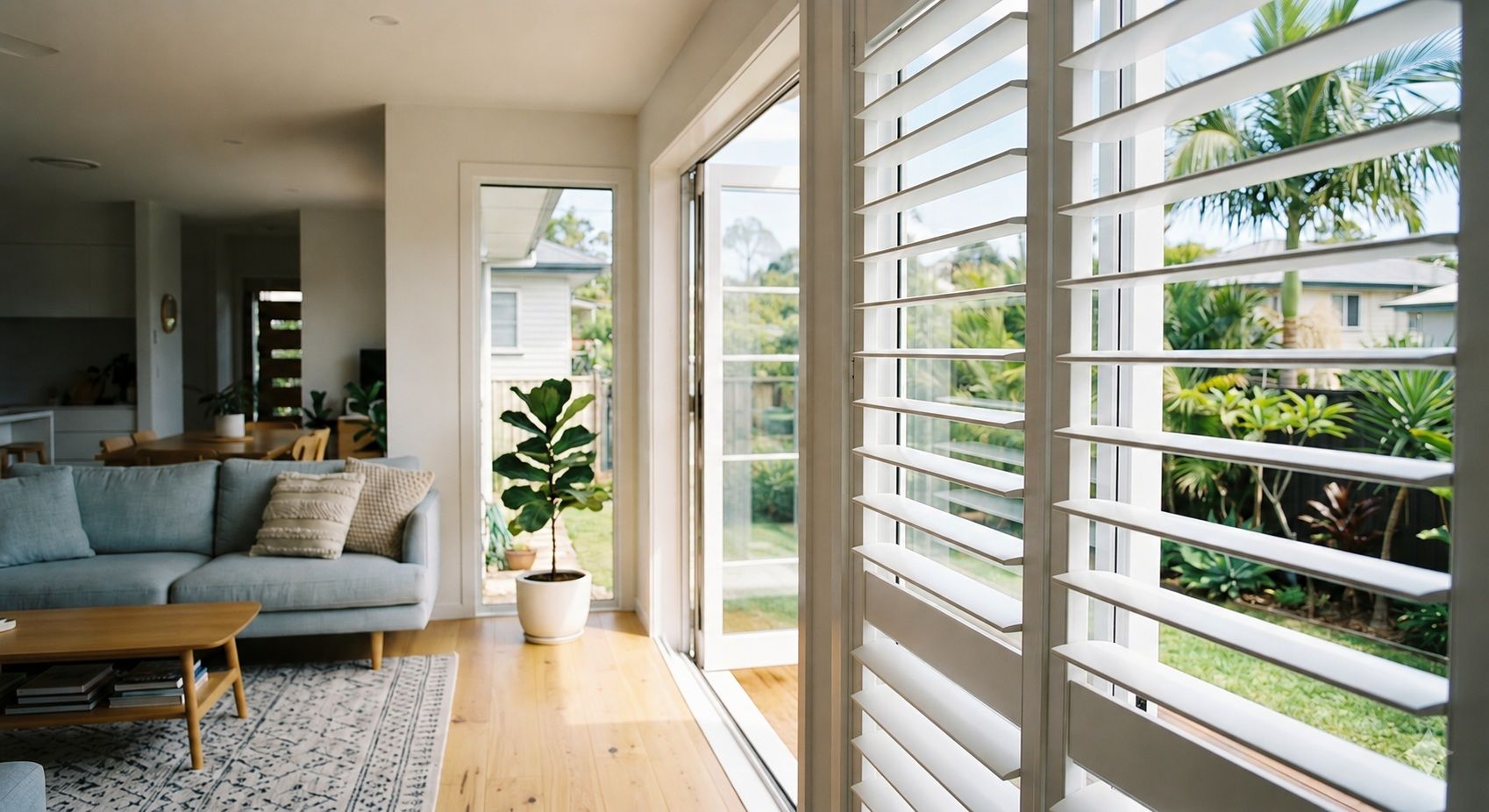 Bright modern living room with white plantation shutters, large windows, and a view of a lush garden.