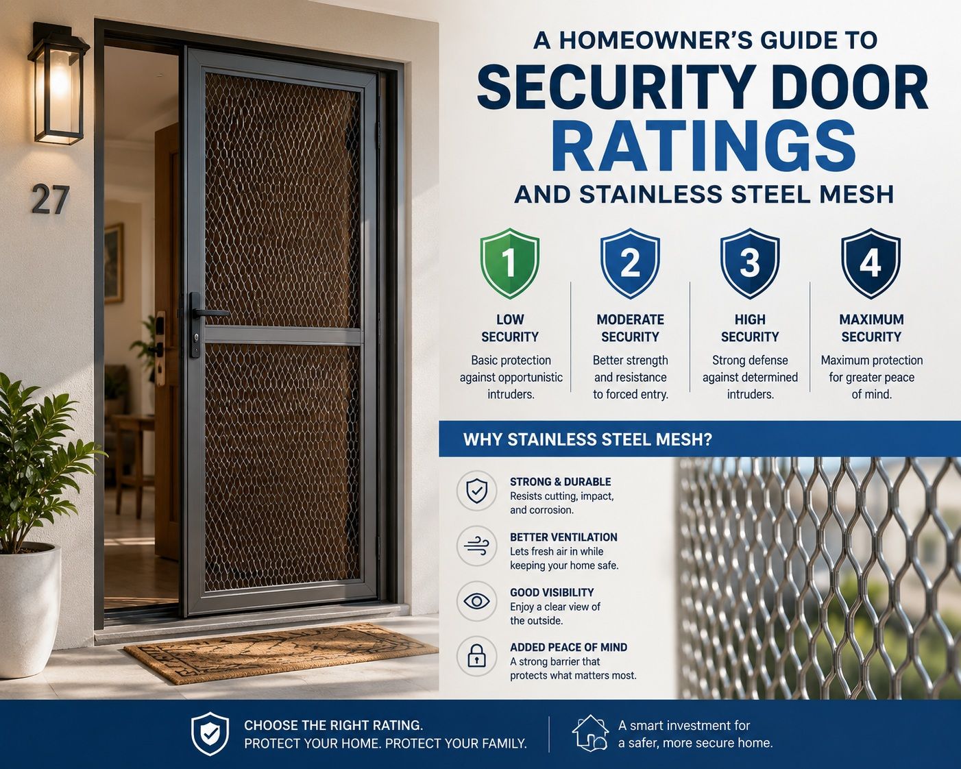 Modern Australian home entrance with a stainless steel mesh security door and an infographic explaining security door ratings and mesh benefits.