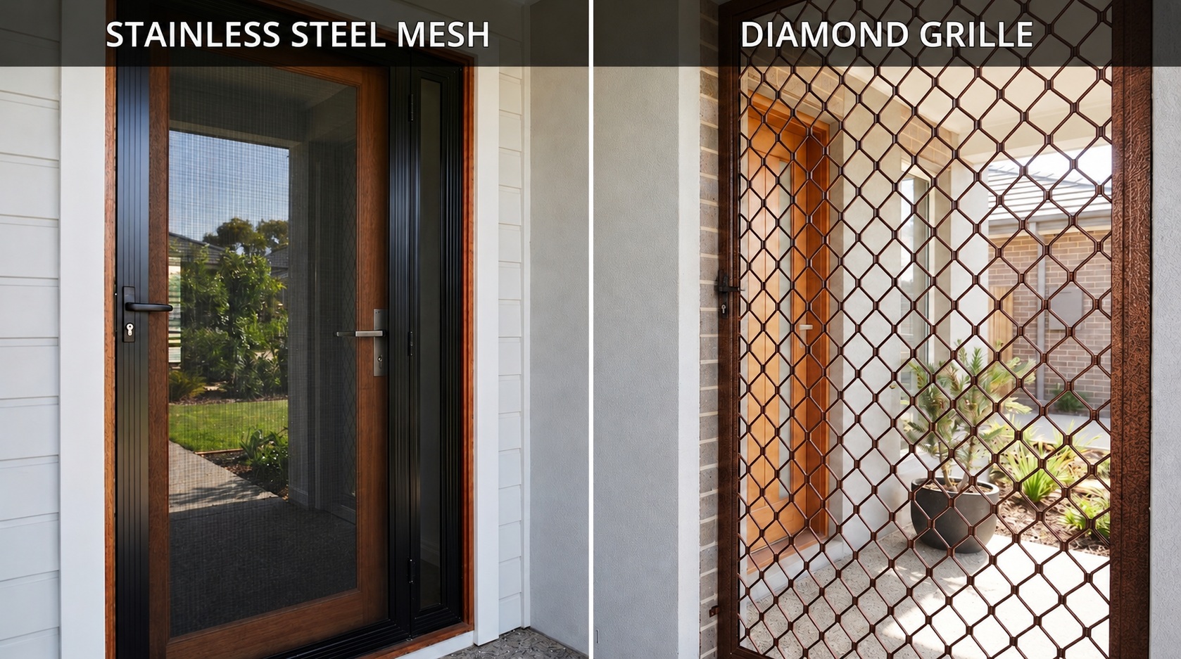 A side-by-side comparison of a sleek stainless steel mesh security door and a classic black diamond grille security door on an Australian home entrance.